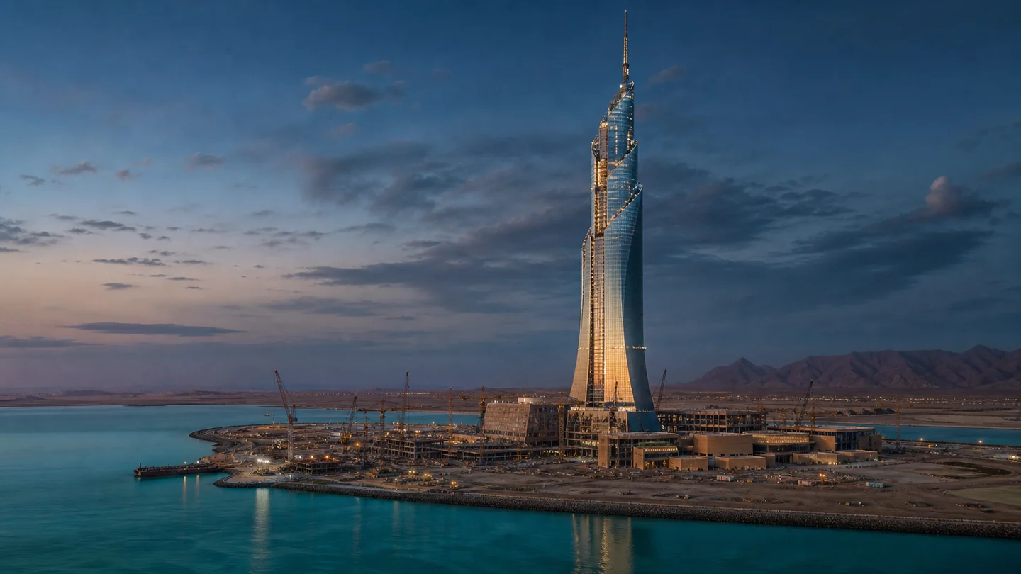Tall integrated resort under construction on a Gulf island at dusk