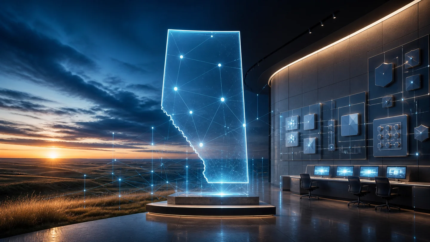 Abstract glass outline of Alberta connected to a secure regulatory network