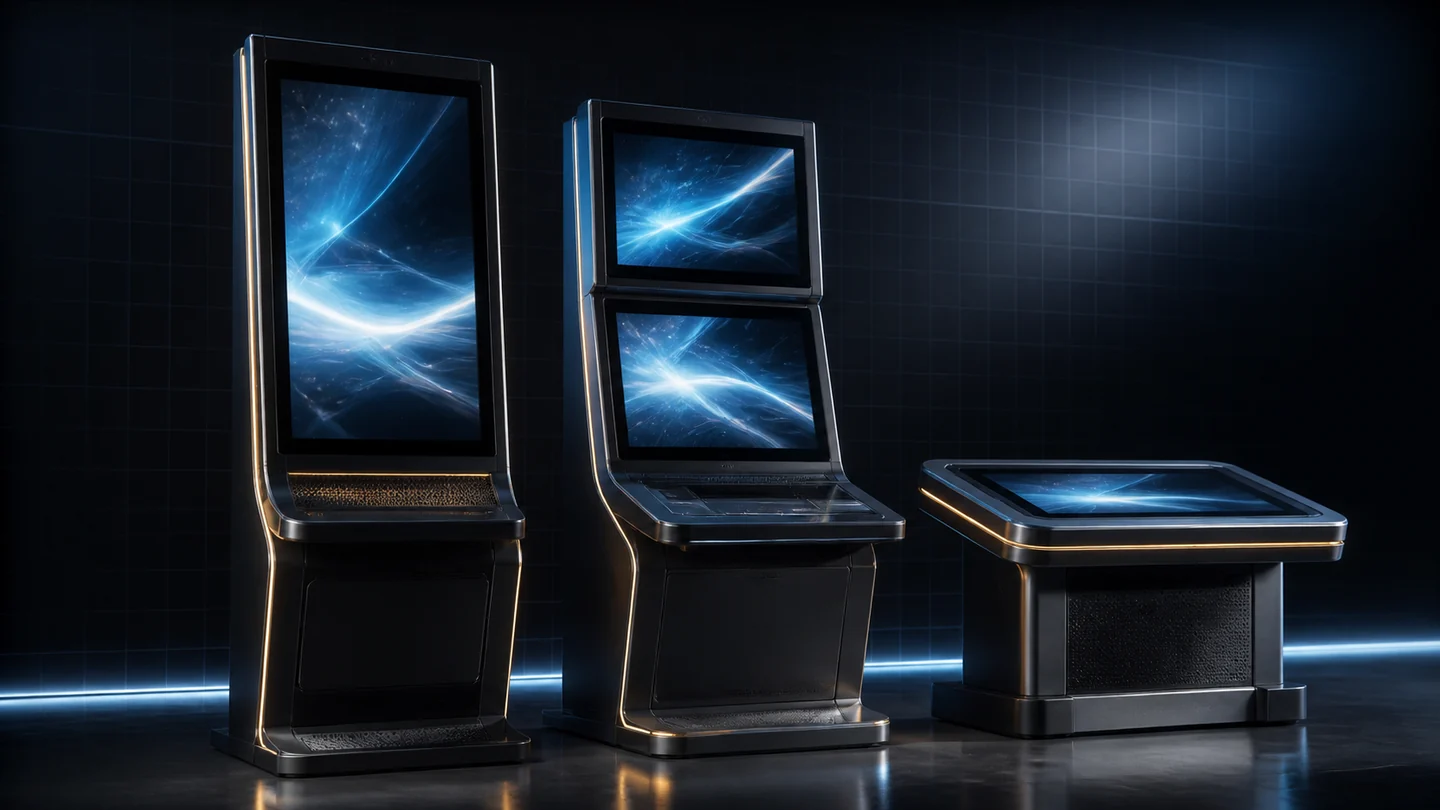 Unbranded gaming cabinets photographed as industrial prototypes