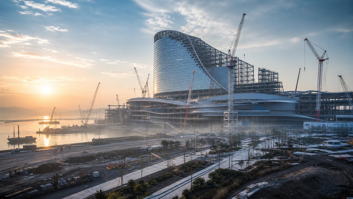 Waterfront integrated resort construction site with cranes at dawn